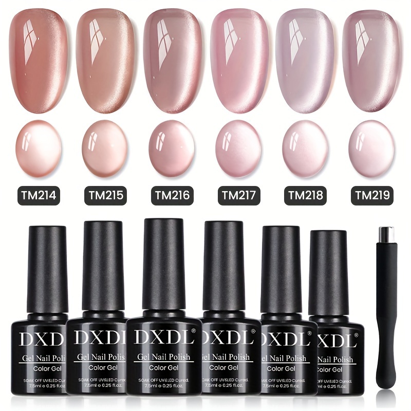 TEMU Dxdl 6pcs 7.5ml Moonlight Cat Eye Gel Nail Polish Set With 1pc Magnet, Light Brown Mirror Cat Eye Gel Polish, Soak Off Eye Gel Nail Polish Manicure