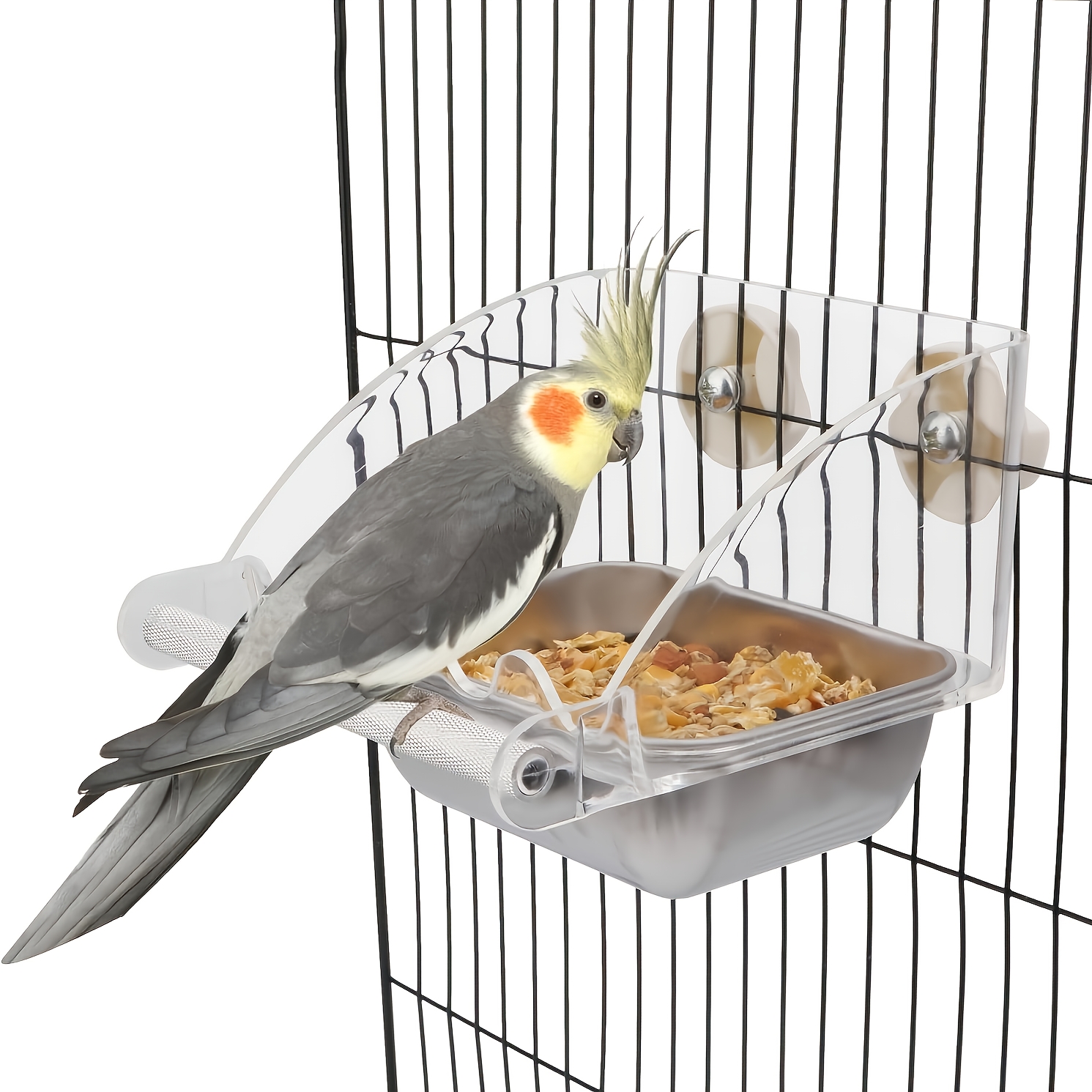 TEMU Anti-mess Cage Feeding Station With Ss Bowl| Covered Bird Feeder, Anti-mess Feeding Station, Stainless Steel Bowl, Acrylic Cage Feeder, Parrot&
