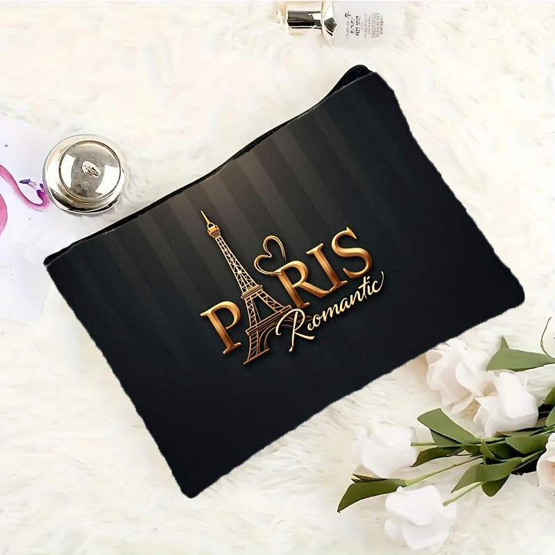 TEMU 1pc, Elegant Black And Golden Paris Cosmetic Storage Bag - A French Travel Makeup Pouch Featuring Tower And Parisian Style Fonts, With A Zipper
