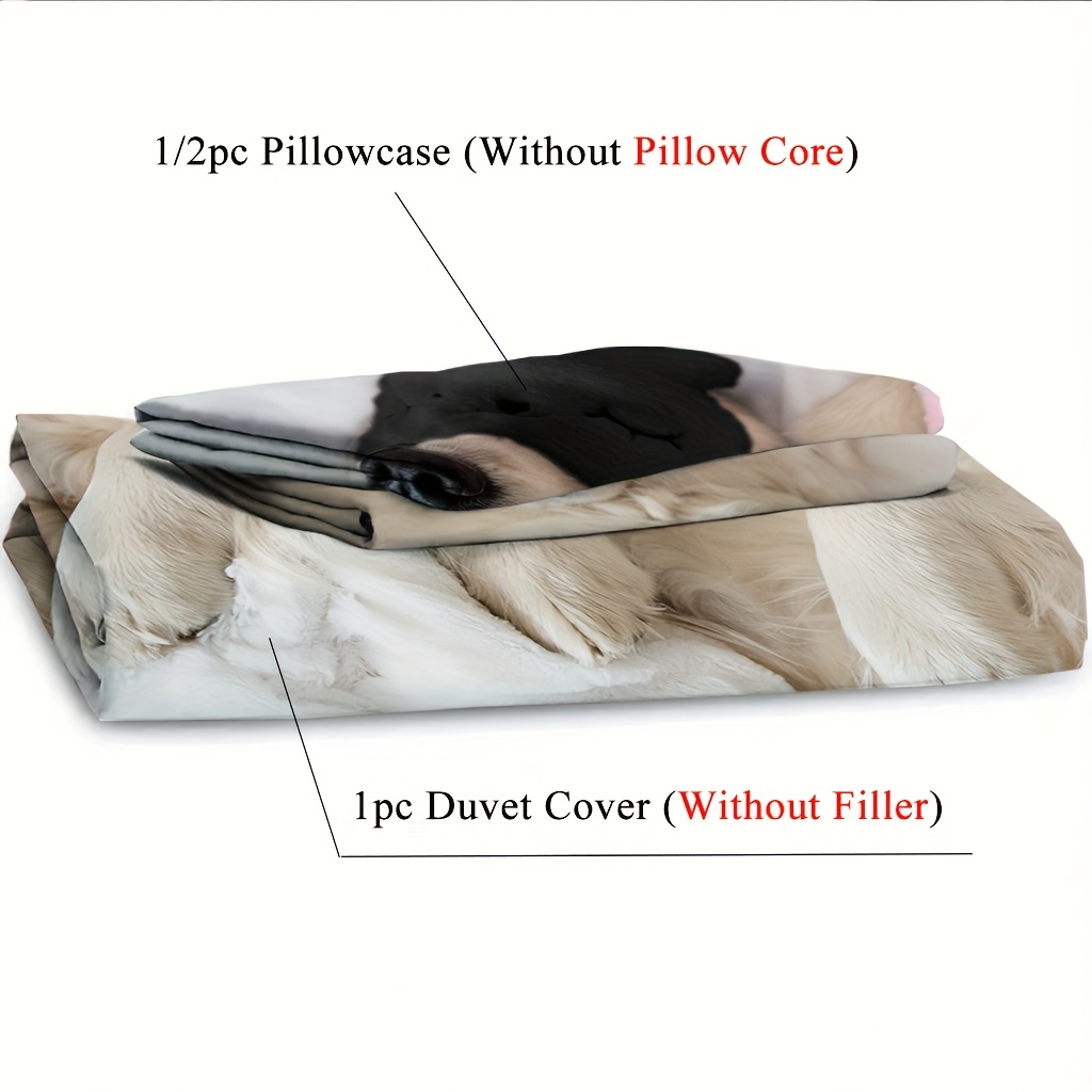 2 3pcs 1 duvet cover 1 2 pillowcase without core couple valentines day romantic golden retriever two   dogs lying on a white bed wearing eye masks funny print soft comfortable bedding set for bedroom dorm room family gift Product details 1