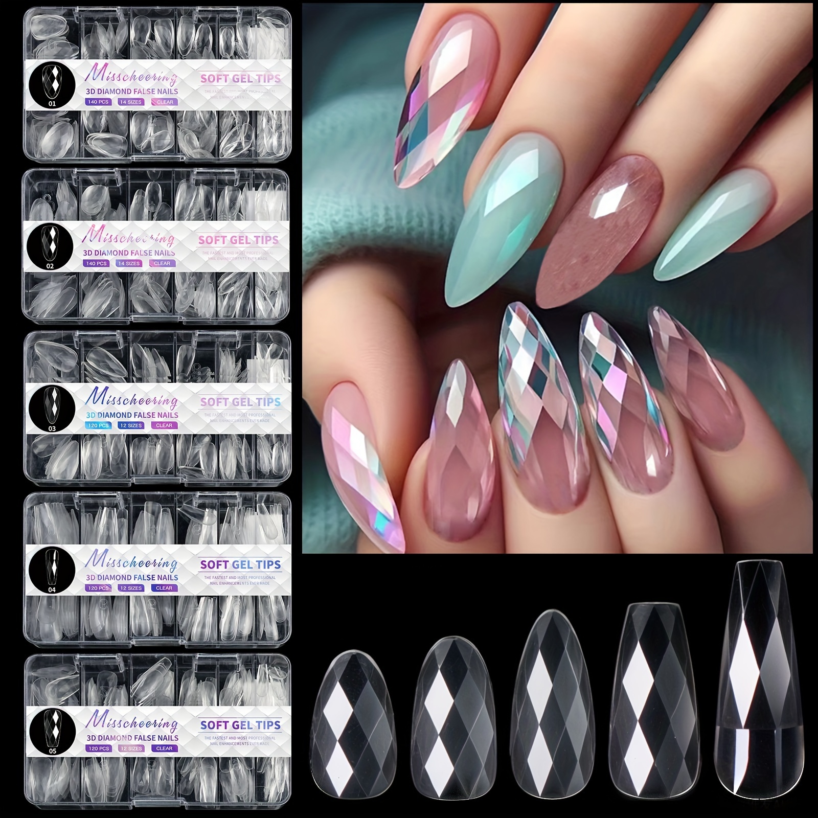 

Misscheering 120/140 Pcs Long Almond Shaped Nail Tips - Glossy Geometry Transparent False Nails With Diamond Face Design - Durable Press On Acrylic Nails For Enhanced & Natural Fit