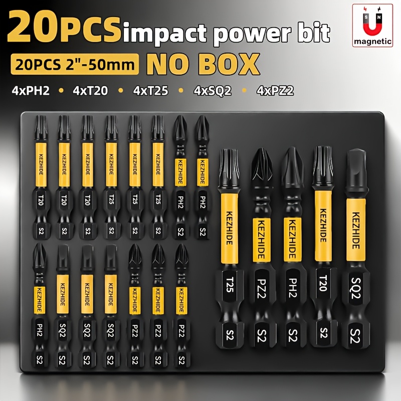 TEMU High Hardness 20pcs S2 Bit Set With Extended Rods, Full Specification Cross/hex/torx/square Bits, Anti-collapse Magnetic Anti-slip Design,