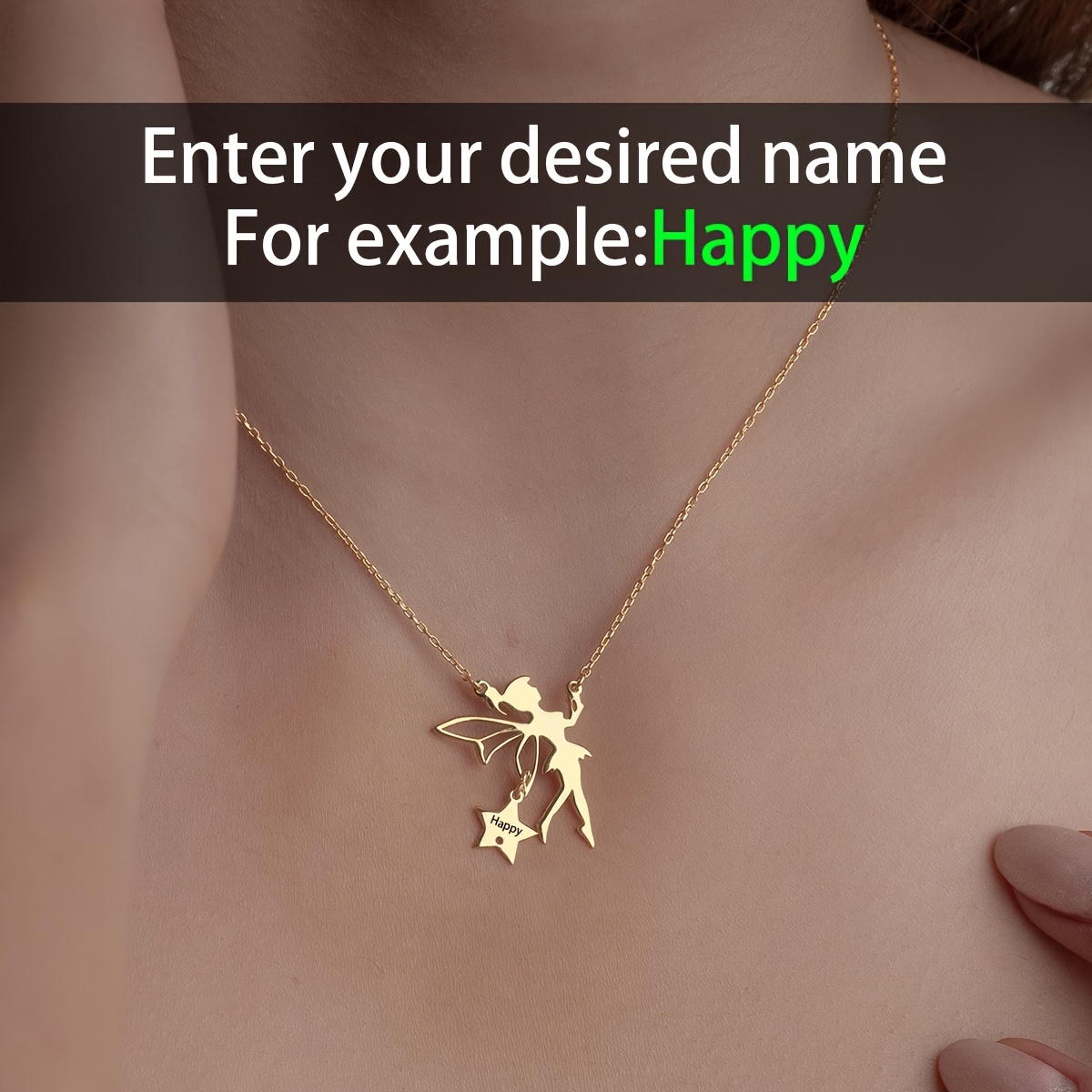 TEMU Personalized Custom Exquisite Cute Elf Fashion Pendant Necklace, 304l Stainless Steel Laser Engraved With English Name Adjustable Necklace,