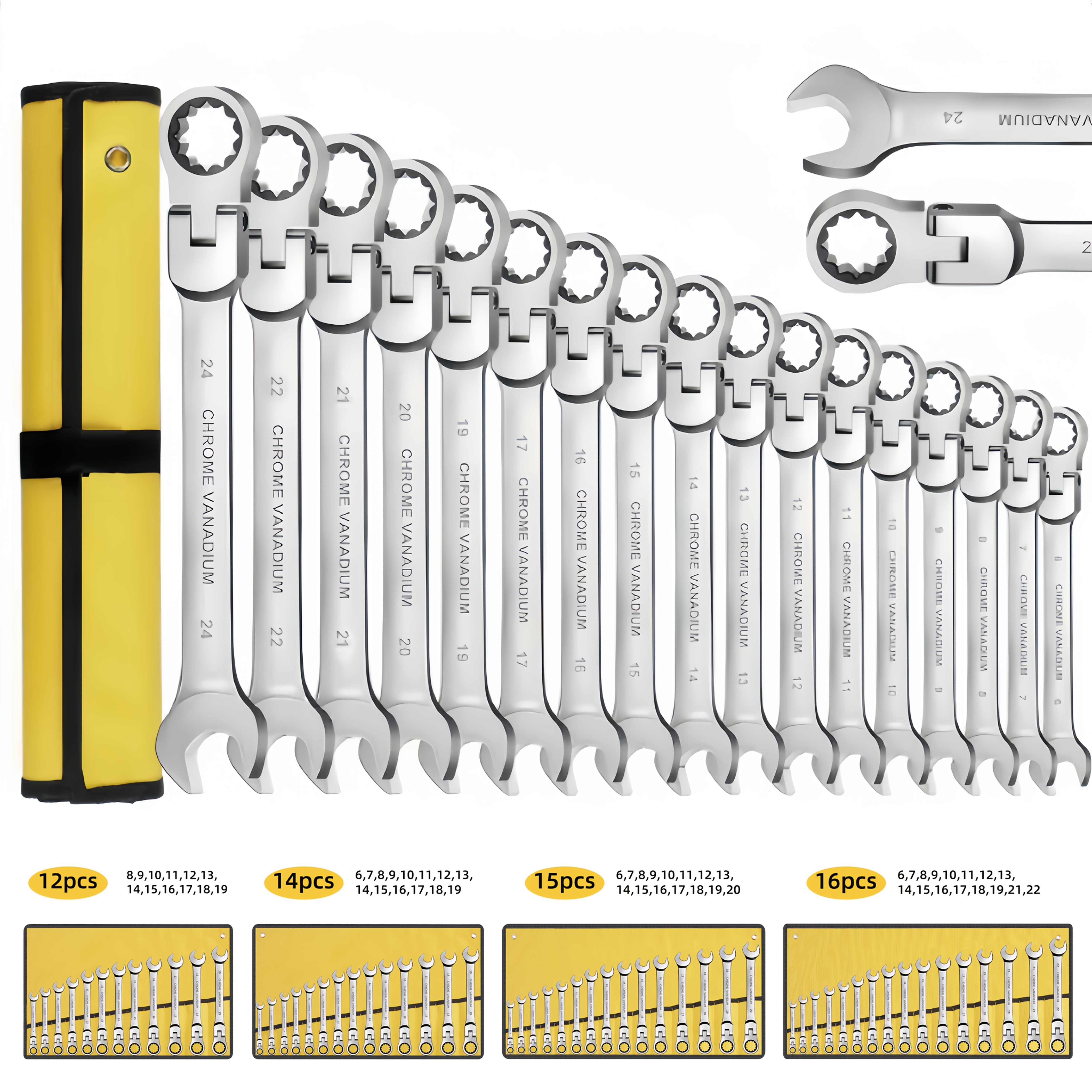 

Yellow Cloth Bag Movable Head Ratchet Wrench Set Plated Open-ended Ratchet Full Set