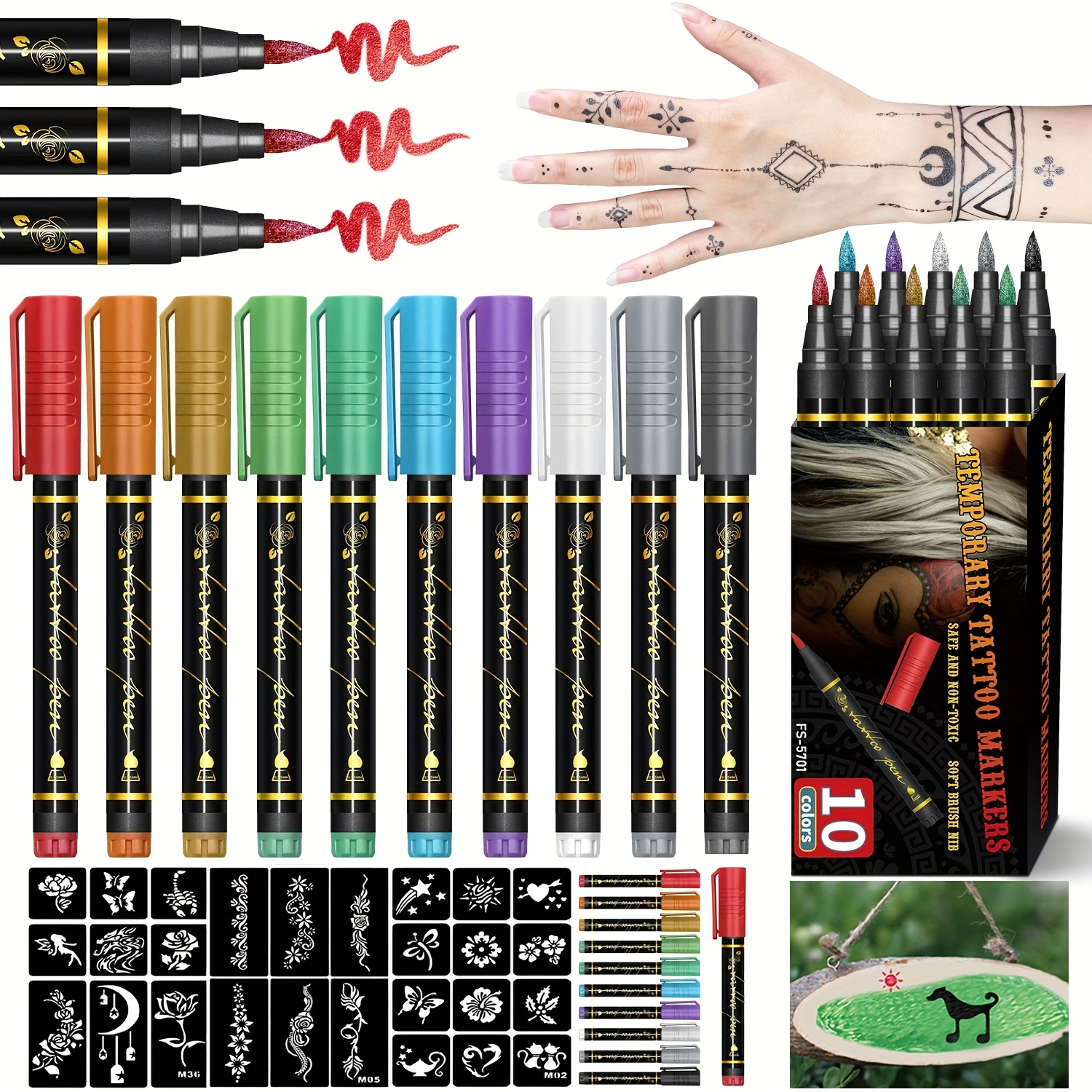 10 Colors Washable Temporary Tattoo Markers 27 Unique Tattoo Stencils  Vibrant Body Art Pens for Parties, Events Festivals, Vibrant