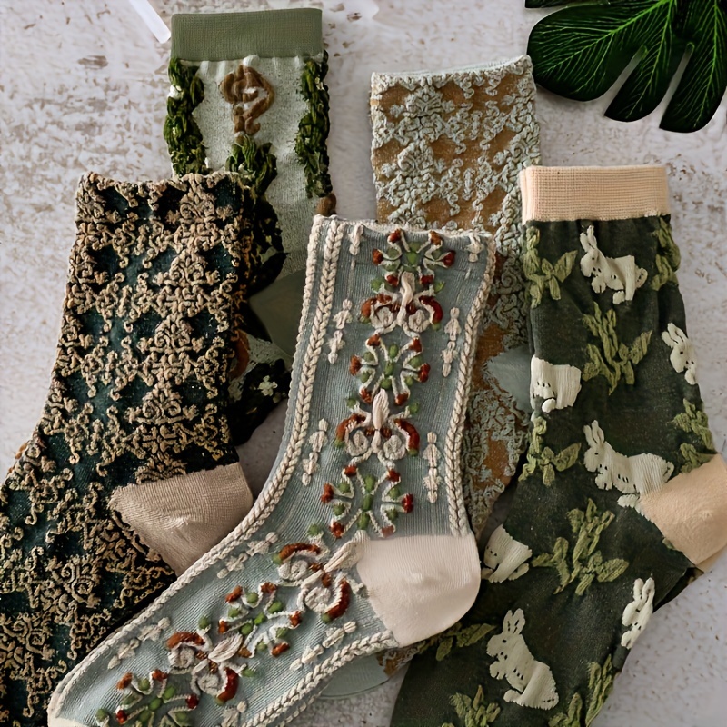 5 Pairs Floral Print Socks, Comfy & Breathable Mid Tube Socks, Women's Stockings & Hosiery