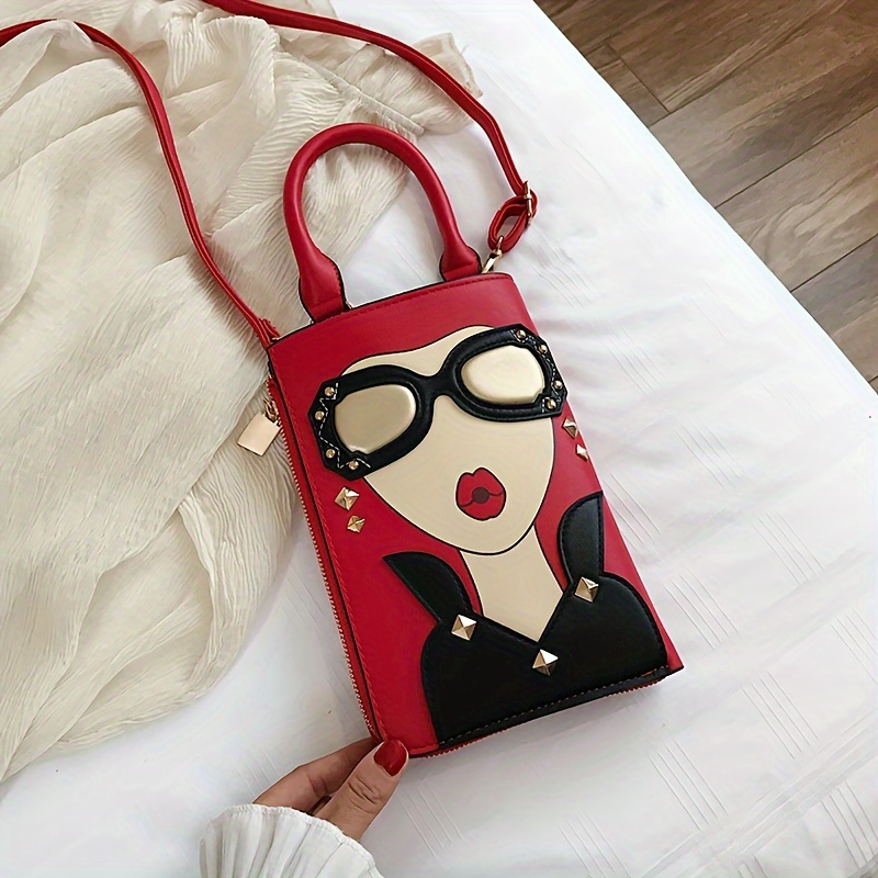 

New European And Fun Beauty Sunglasses Color Female Fashion Pu Crossbody Bag Korean Version Of Fashion Cartoon Beauty Head Bag Trend Personality Mobile Phone Single Shoulder Hand Bag