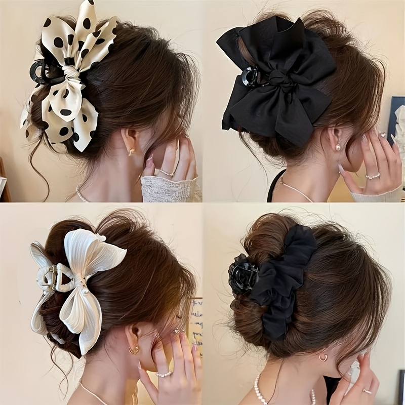 TEMU 4pcs Elegant Black And White Bow Hair Claw Clip Set, Polka Dot Bow, Pearlescent Bow, Satin Bow, Pleated Mesh Hair Clips, Large Women's