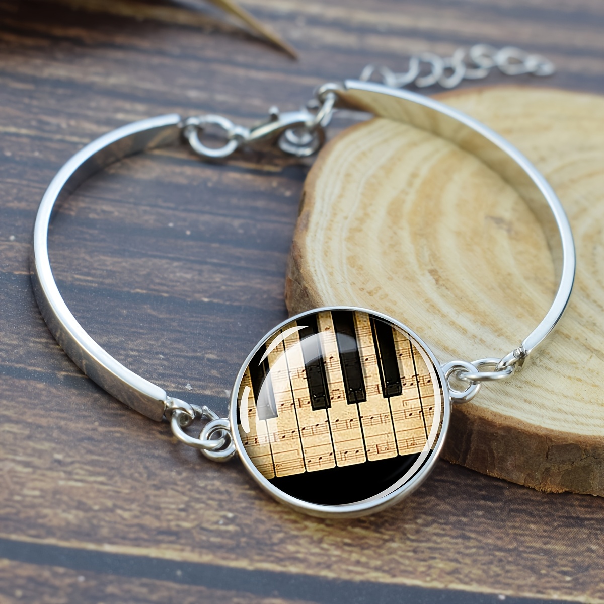 Piano Key Music Sheet Glass Dome Bracelet, Adjustable