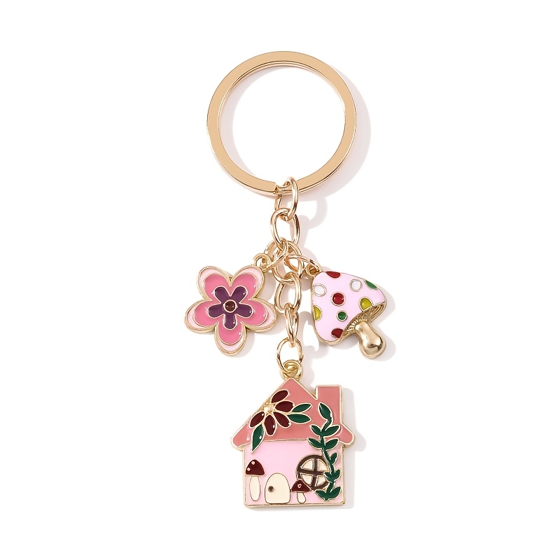 Image of 1pc Mushroom Flower Cabin Keychain Cute Metal Key Chain Ring Purse Bag Backpack Charm Car Hanging Ornament Earbud Case Accessories Women Female Gift