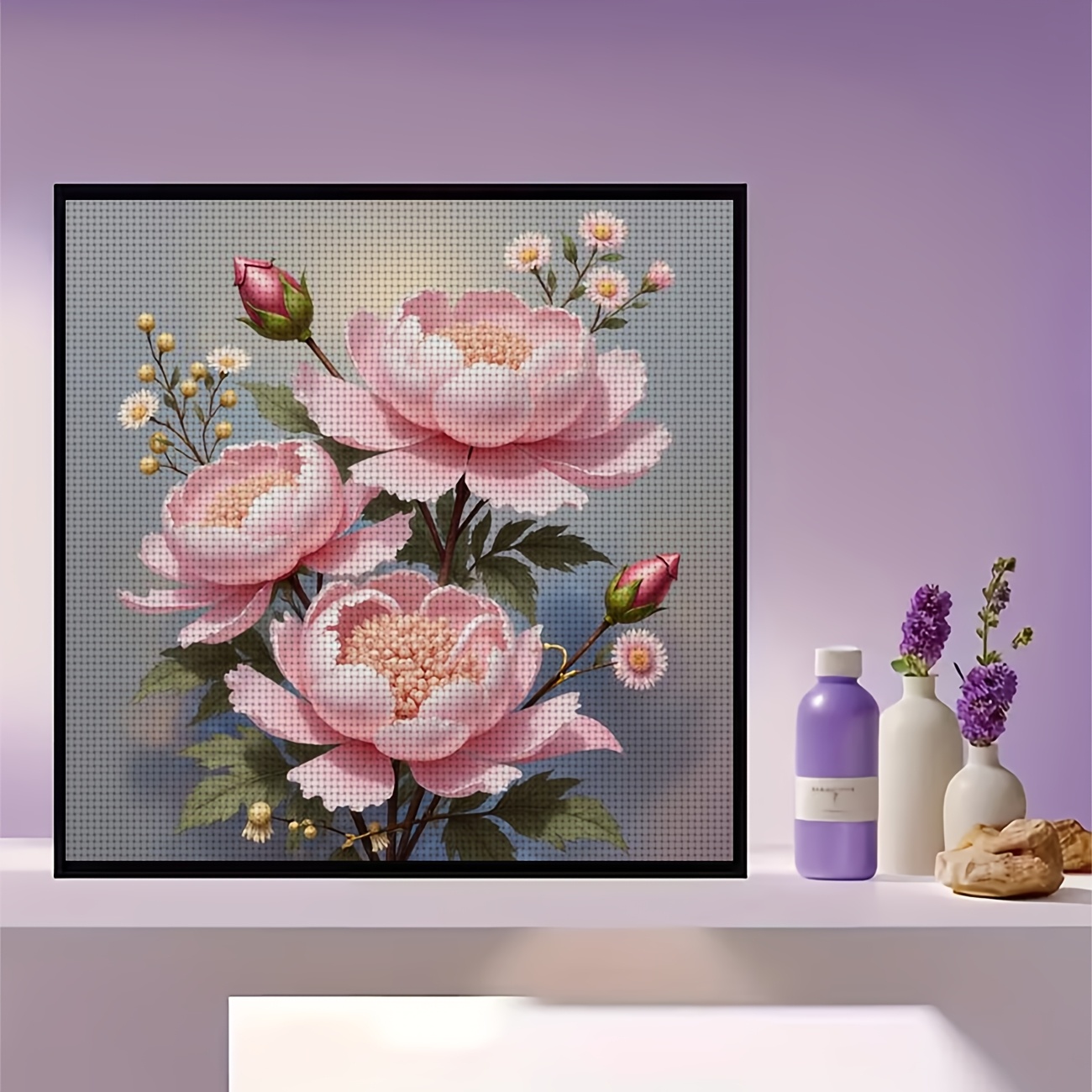 Cross Stitch Printed Kit, Pink Peony and Flower Buds Pattern