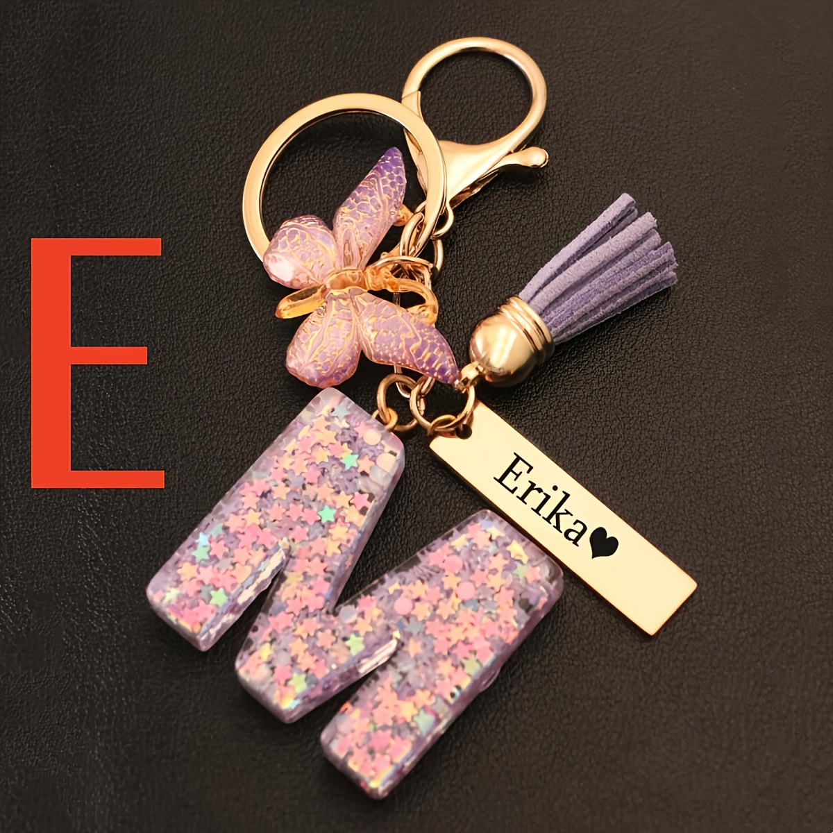 TEMU 1pc Fashionable Personalized Custom Name Keychain - A-z Letter Shiny Resin Keychain With And Tassel In A Cute Pink-purple Tone, Featuring
