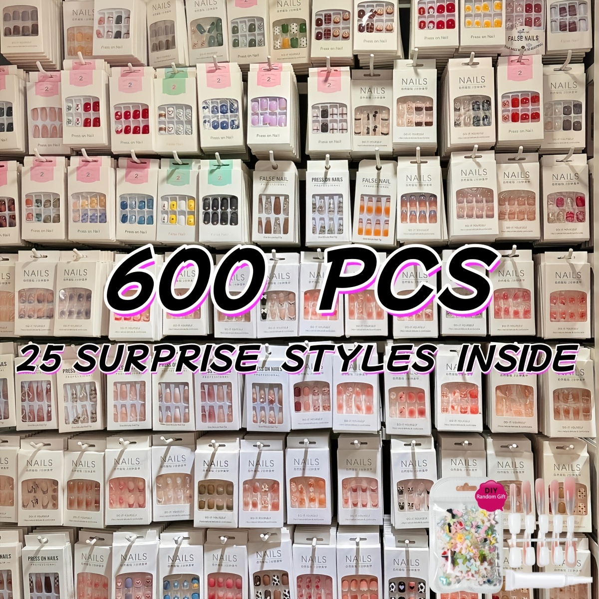 TEMU 600pcs 25 Styles Random Press On Nails Large Gift Box, Wide Of Colors & Lengths, Mystery Styles Nail Kit For Fashion Women Gift, Labor Day