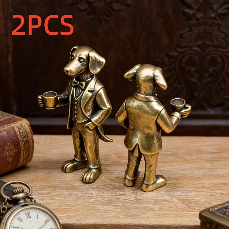 TEMU Collectible Figurines ï¼vintage Brass Figurine - Anime-themed Sitting Poodle Statue With Suit & Tail, Collectible Desk Decor For Office, Brass
