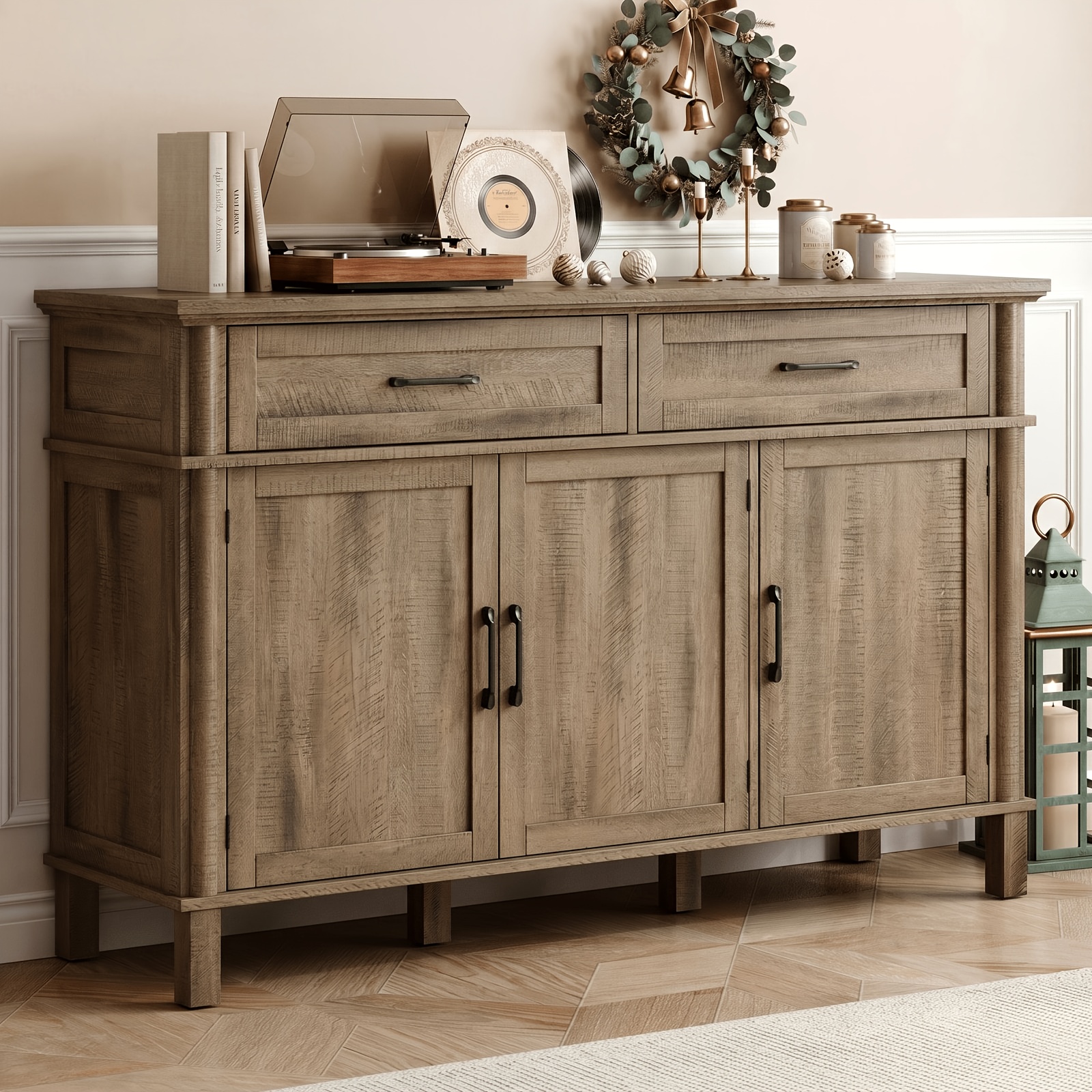 Farmhouse 48 Inch Buffet Cabinet with Storage, 48 Inch Sideboard with 2 Drawers And 3 Doors - Wood Coffee Bar Cabinet with Adjustable Shelves for Kitchen, Dining Room, Living Room