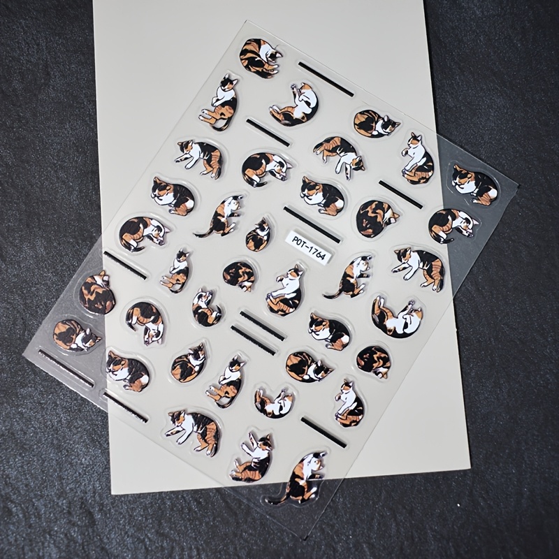 item picture 2pcs cute cartoon cat and line nail stickers 5d embossed self   nail art supplies glossy surface animal theme stickers for diy     women and