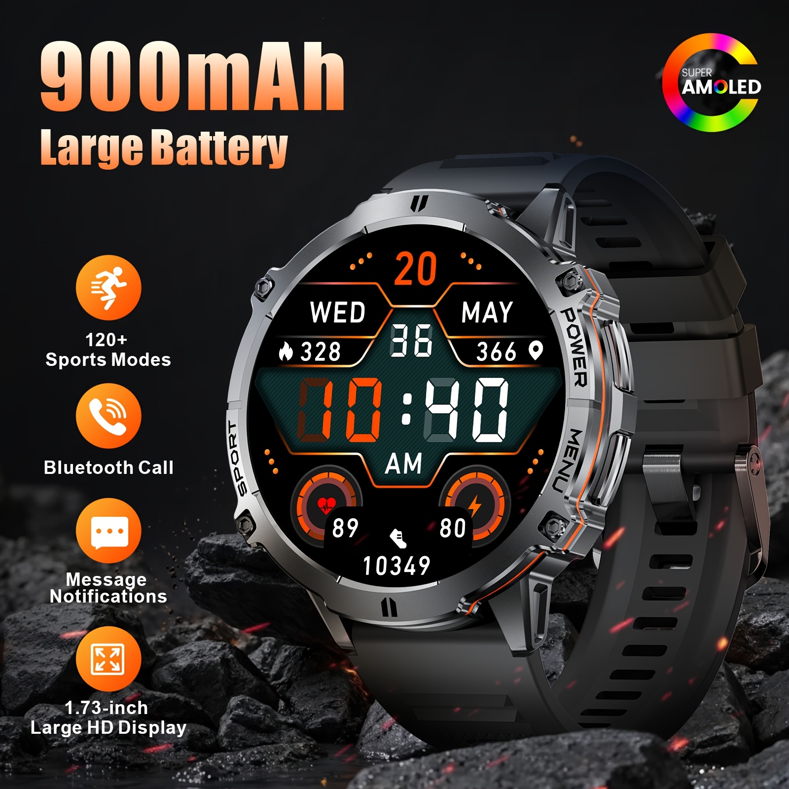 Image of Smart Watches For Men With 900mah Battery(60+standby), 1.73-inch Amoled With Wireless Call, 110 Mode Fitness Sleep Monitor For Iphone Smart Watch