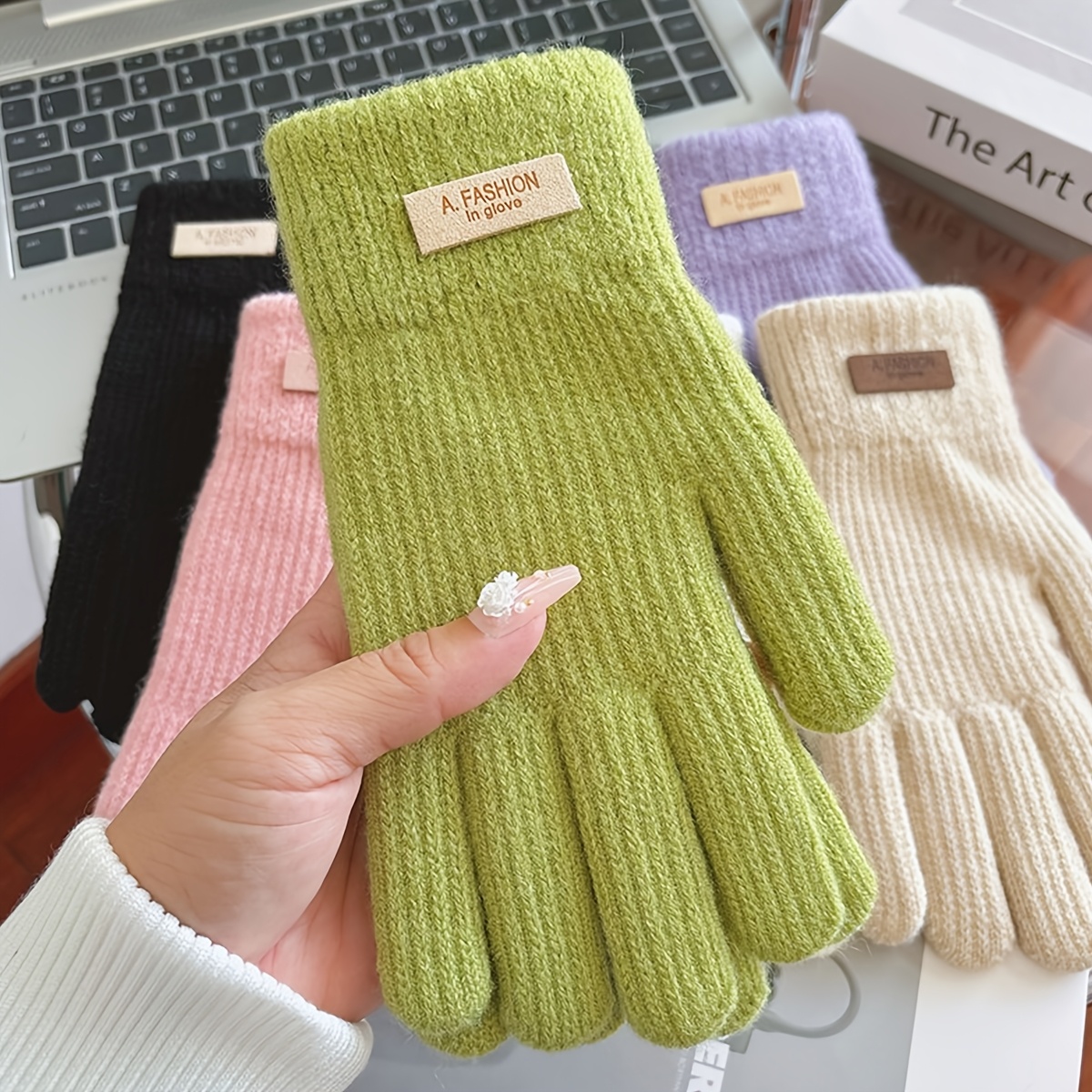 

1 Pair Of Cozy Touchscreen-friendly Knit Gloves - Warm, Polyester With Ribbed Texture, Fingerless Design For Winter Cycling & Use - In Black, Pink, Green, , Winter Gloves