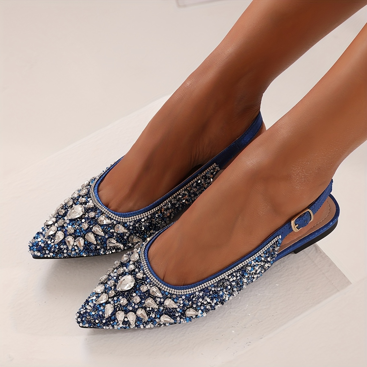 womens sparkling   encrusted pointed toe mules elegant blue ankle strap sandals with   closure   flat heel     wedding prom shoes comfortable non slip rubber sole Product details 0