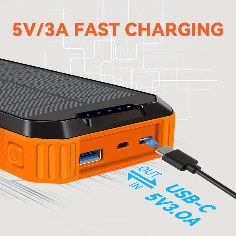 solar power bank with solar charging & usb-c fast charging, 20000mah portable charger with built-in flashlight, triple cable (3a output, wireless charging, compact & rugged design for camping, emergencies, travel - compatible with smartphones, tablets, laptops, outdoor electronics, camping essentials, durable construction, reliable performance, multidevice , techsavvy Product details 2