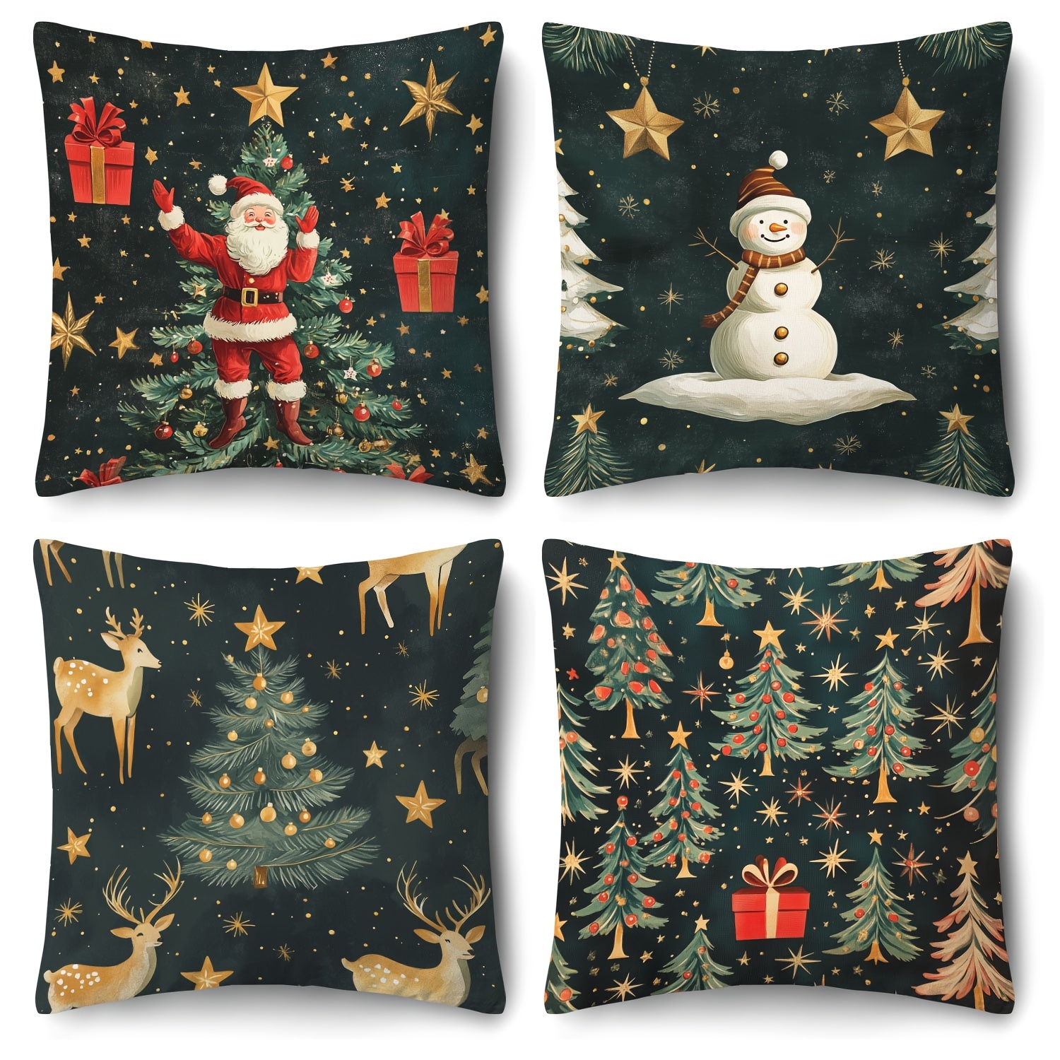 

Contemporary Christmas 18x18 , Set Of 4, Santa & Snowman Illustration, & , Pattern, Zippered Cushion For Sofa And Decor - Washable, , Pillowcases ( Not Included)