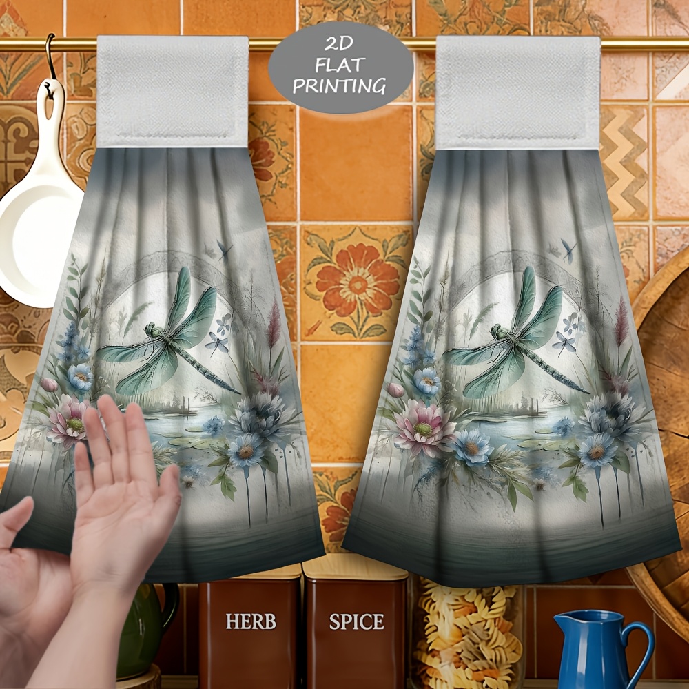 TEMU 2pcs Dragonfly Floral Pattern Print Hanging Hand Towel Kitchen Hand Towels, Soft Microfiber Material, Strong Absorbency, , Suitable For Bathroom