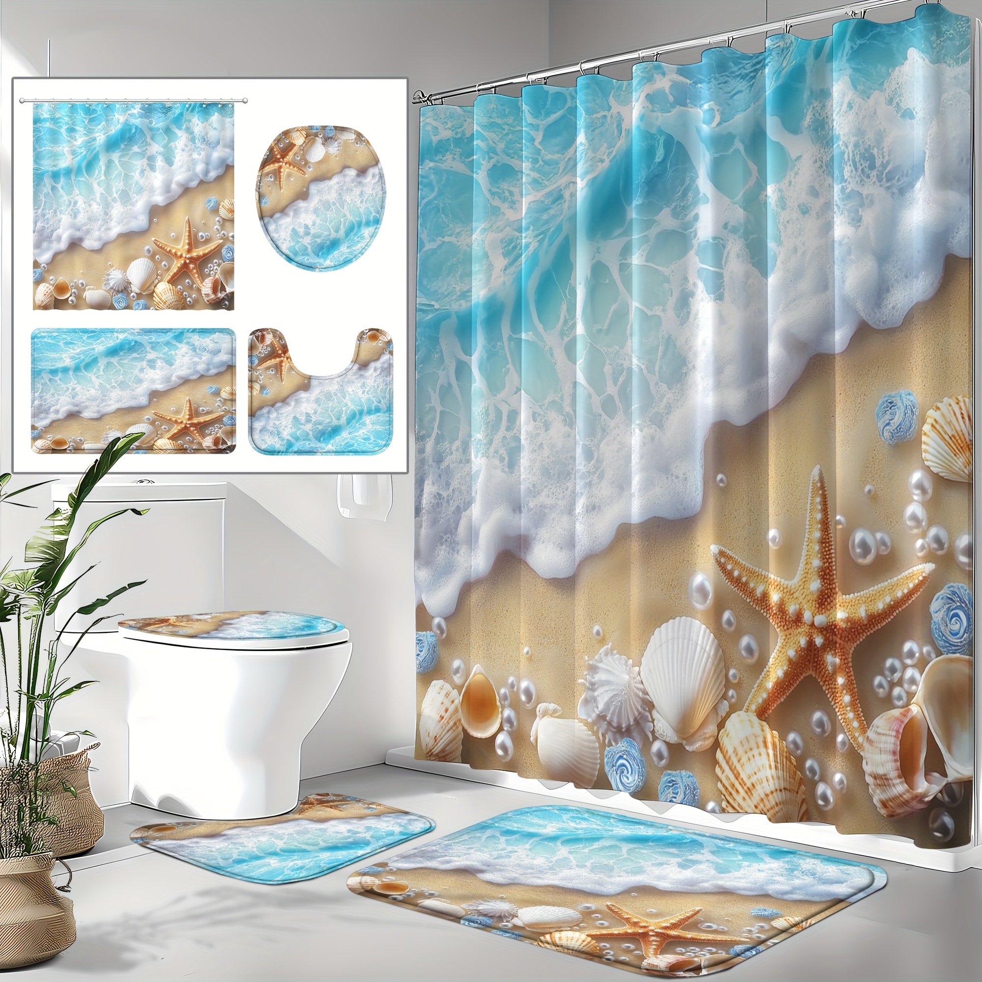 TEMU 4pcs Beach Shower Curtain Set, Ocean Sea Starfish Seashell Bathroom Decor With Non-slip Rugs, U-shaped Toilet Mat, Lid Cover, Waterproof Shower