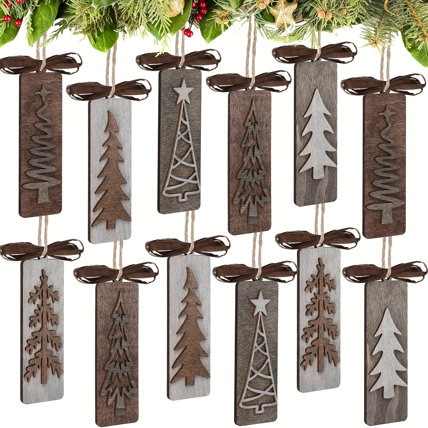 TEMU 12pcs Rustic Wooden Christmas Ornaments, Vintage Gray And Brown Farmhouse Tree Decor For Christmas, Winter Wreath, Holiday Party, And Crafts,