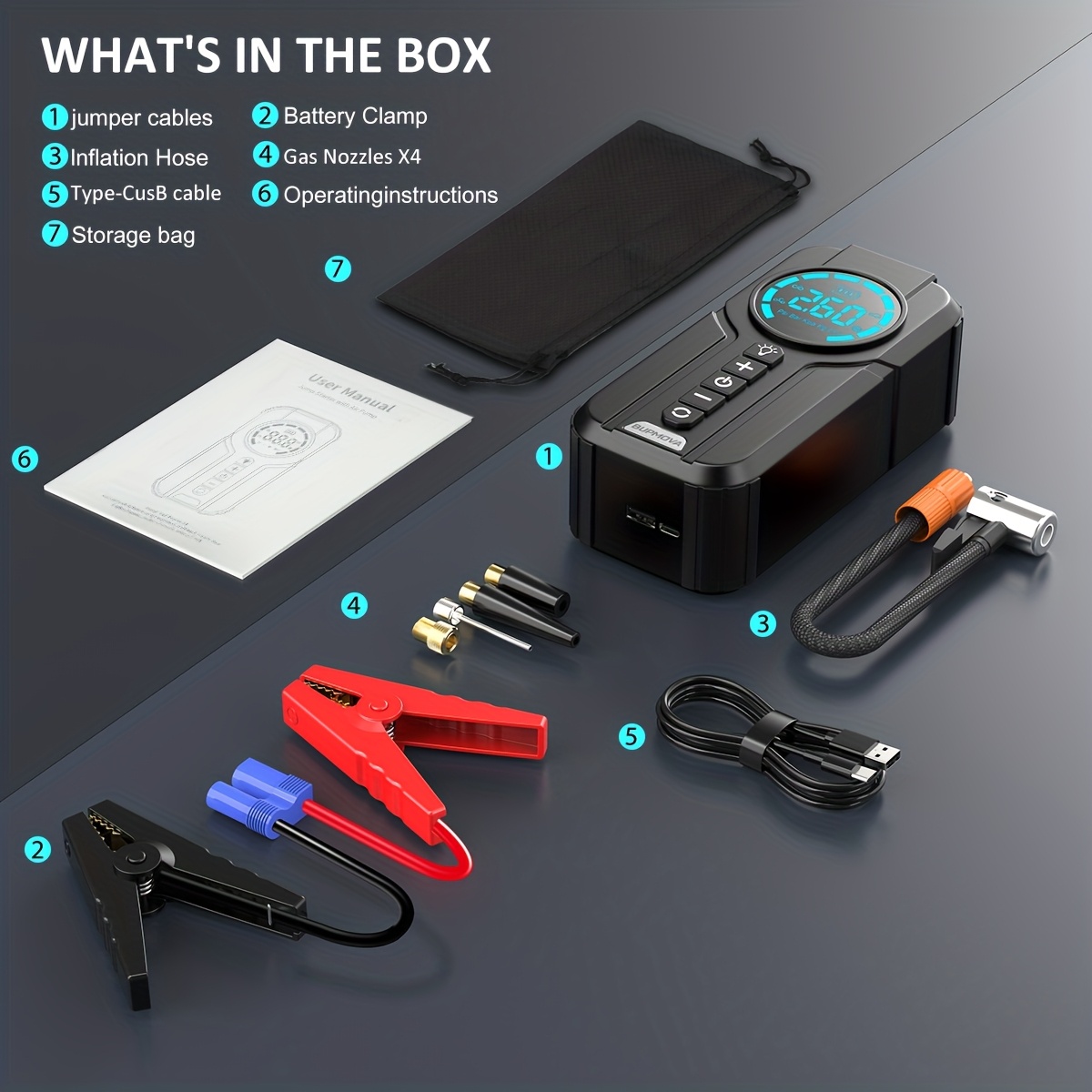 Démarreur de voiture avec compresseur d'air, gonfleur de pneu sans fil, batterie de démarrage 21800mAh avec pack de batterie externe et lampes de poche LED, boîtier de démarrage automatique 12V pour tous les véhicules à essence ou diesel de 10.0L