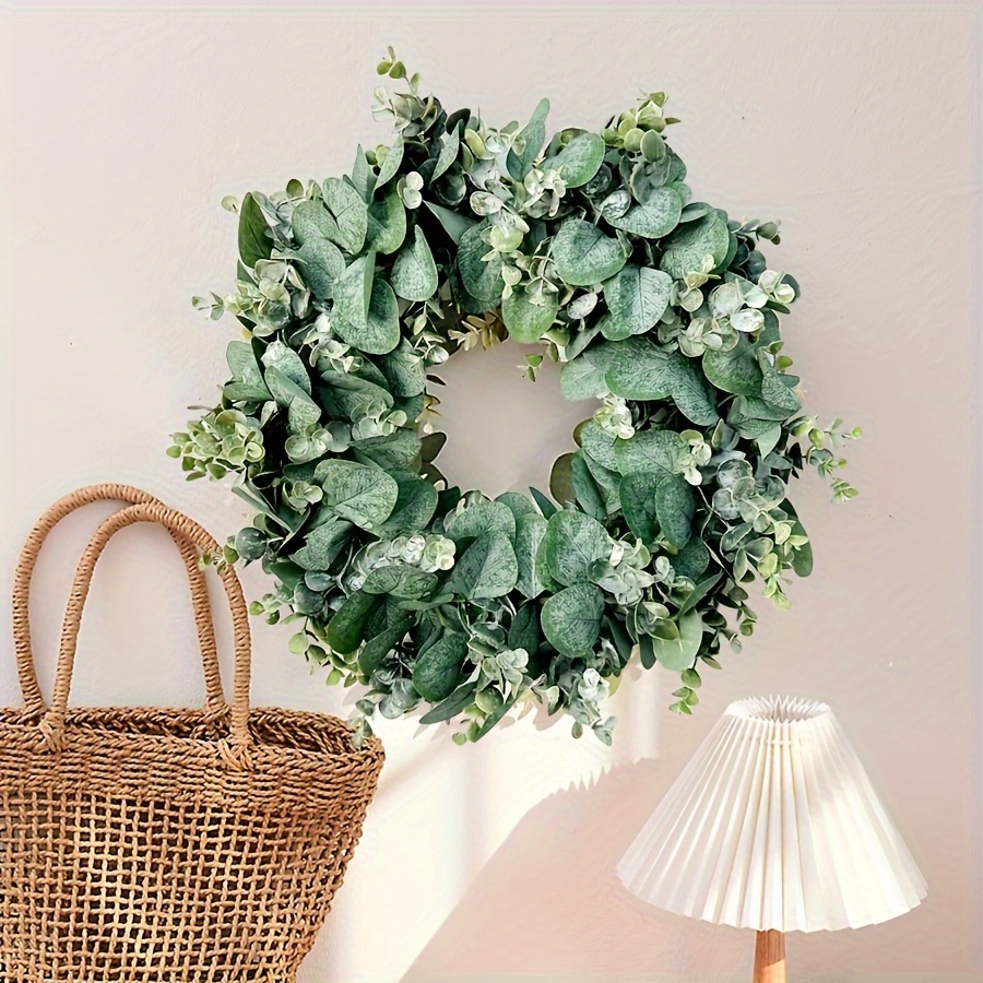 

18in Eucalyptus Wreath With Green Leaves For Front Door, Wall Decor - Ideal For Spring And Summer, Farmhouse Porch, Patio, Garden , Window Display, Party, Home Christmas Decoration