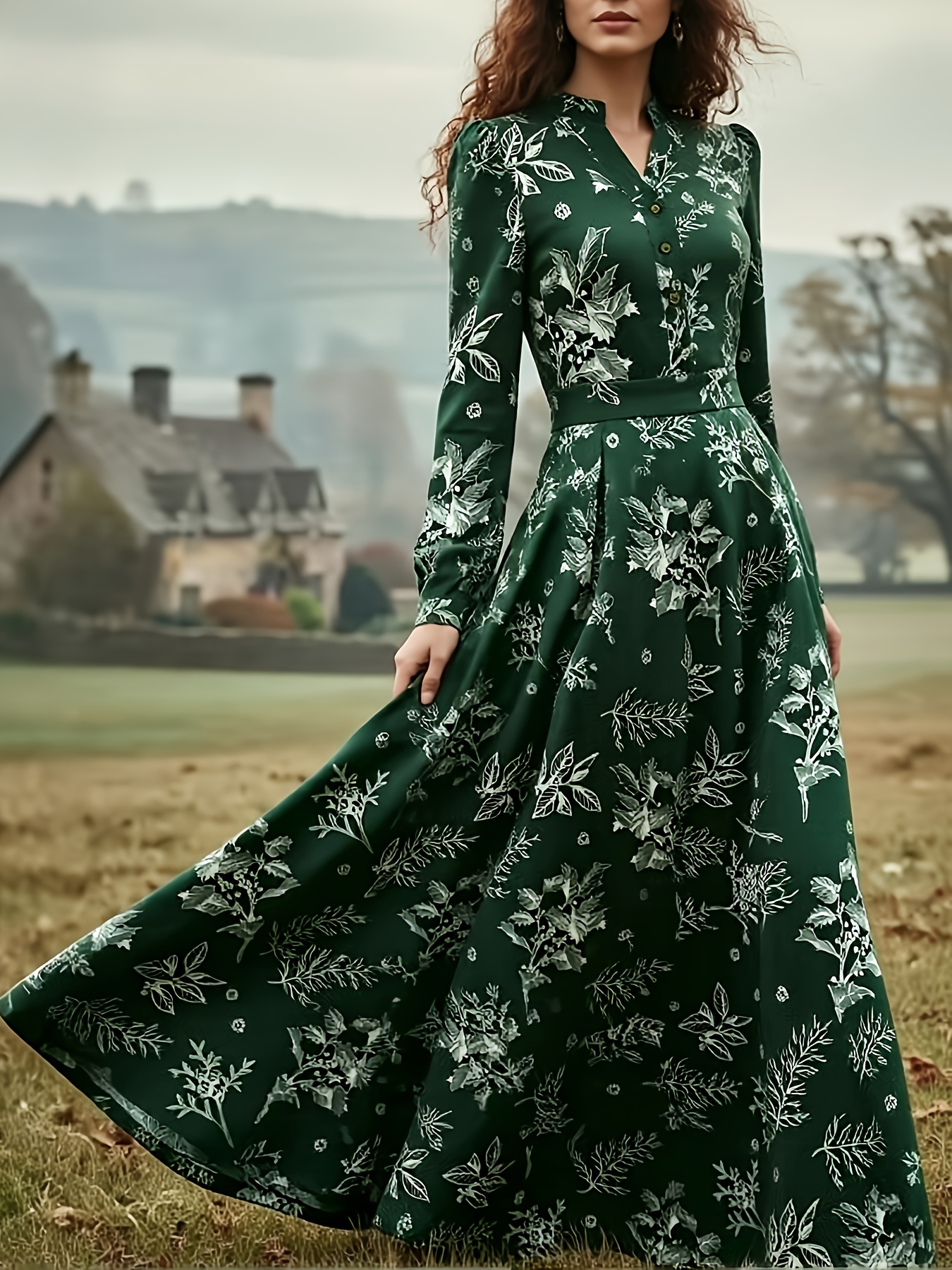green emerald velvet dress Cottagecore Olive Green Puff-Sleeve Dress main image 1