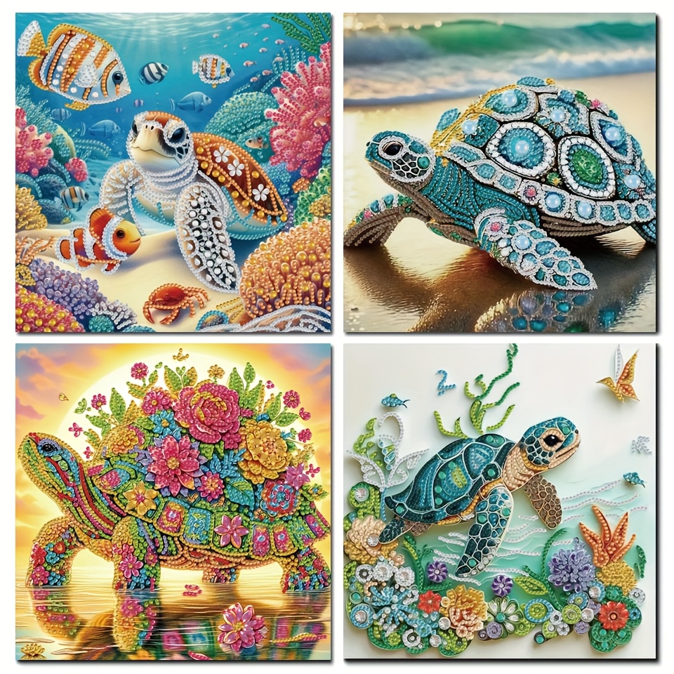 TEMU Diy 4pcs Set Sea Turtle Special Shape Partial 5d Diamond Painting Kits For Beginner, Crystal Rhinestones Handicrafts Accessories, Diamond Mosaic