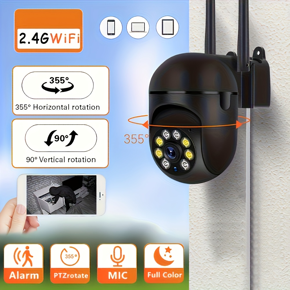 Black Wireless Ip Security Camera Video, Wifi Security Camera  with, 355° Panoramic Ptz View, Color Night Vision Voice Intercom, Motion 