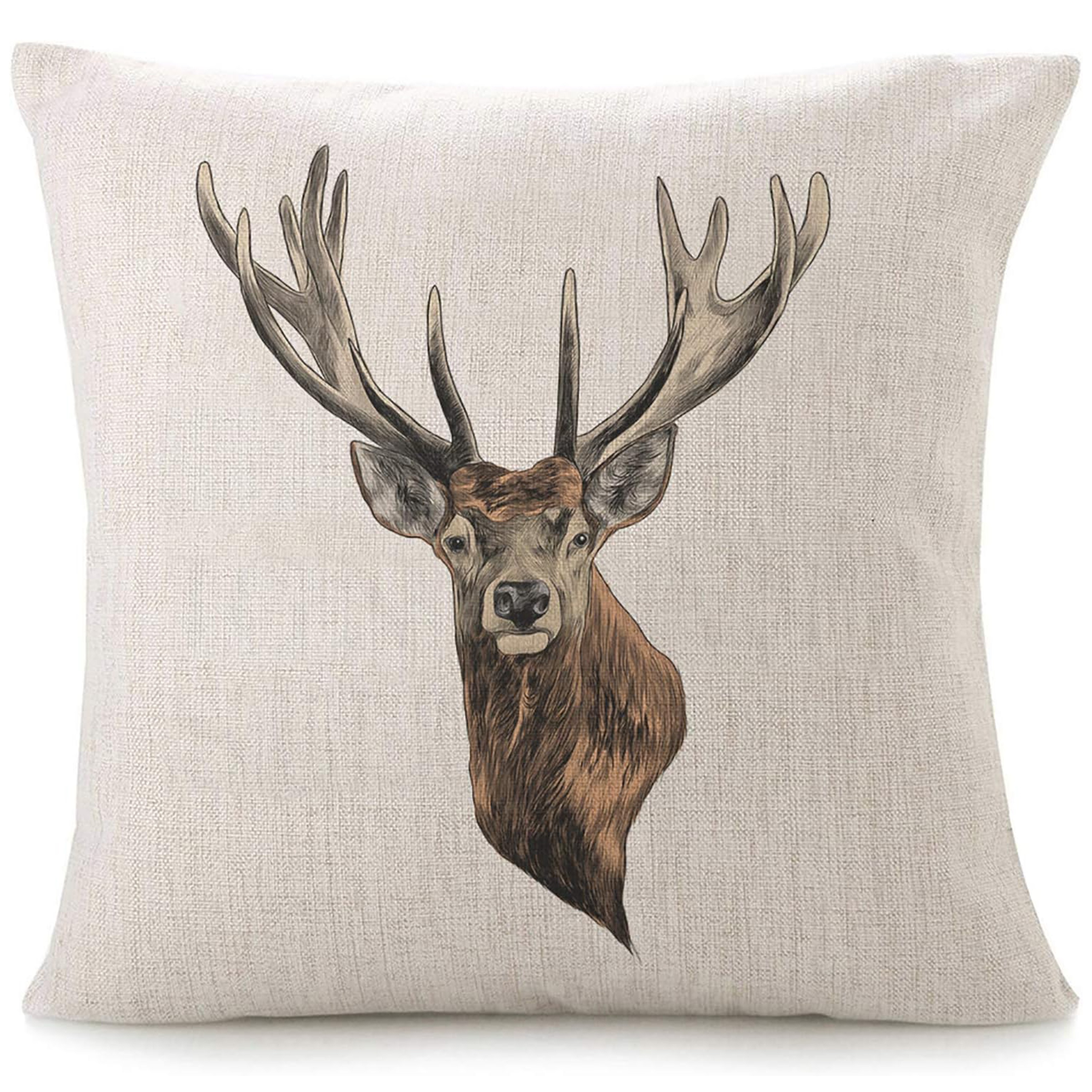 

Contemporary Linen Throw Pillow Cover, Deer Head Wildlife Print, Decorative Cushion Case For Sofa And Bed, Machine Washable With Zipper Closure, Woven Single Sided Animal Pattern - 1pc Without Insert