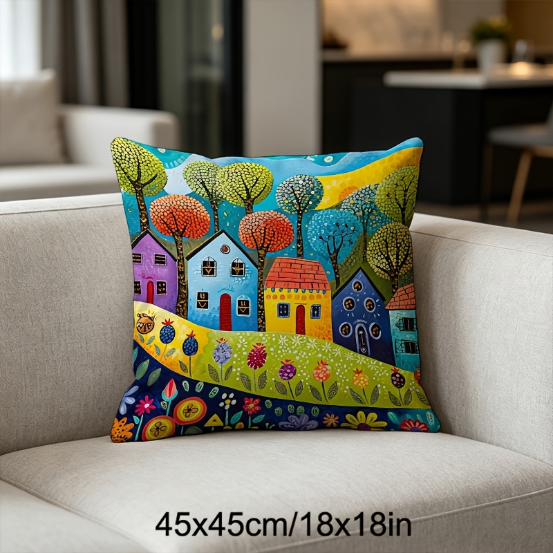TEMU 1pc Colorful Folk-style Pillowcase, 40x40/45x45/50x50cm, Rustic Countryside Abstract Art Decorative Cushion Cover, Soft And Comfortable, With