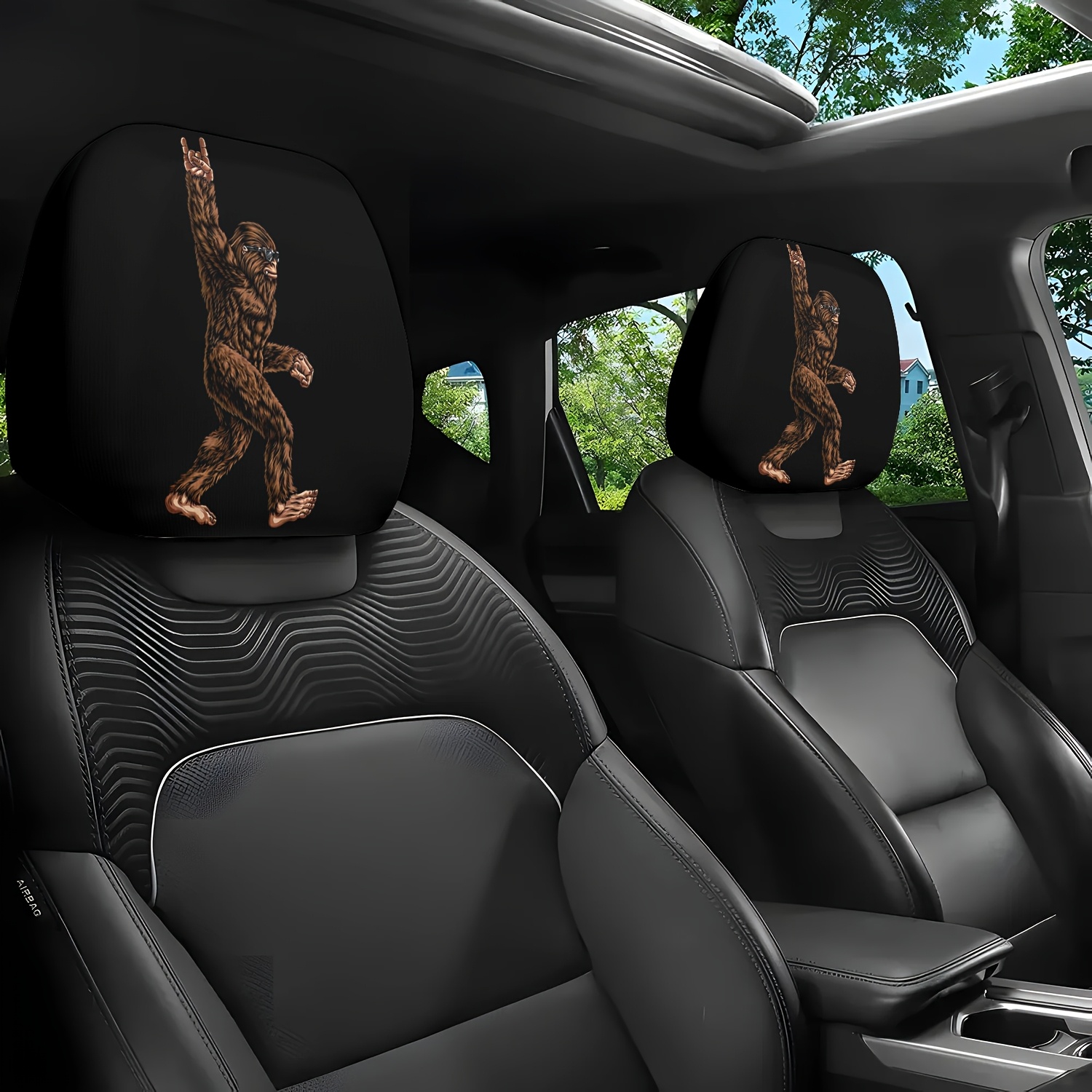 TEMU 2pcs Set, Brown Monster With Sunglasses, Rock Hand Gesture Walking. Comfortable And Snug Car Headrest Pillow, Suitable For Daily And Travel, Car