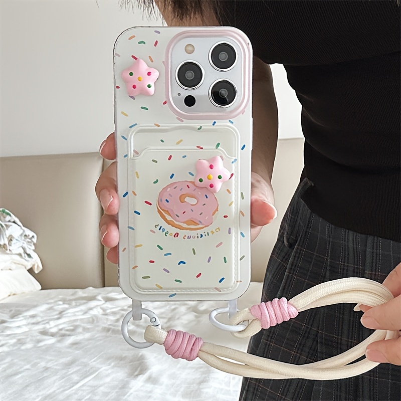 TEMU Phone Case - Card Pack Transparent Painted Splash Ink Polka Dot Donut Three-dimensional Phone Case With Lanyard Suitable For 11 12 13