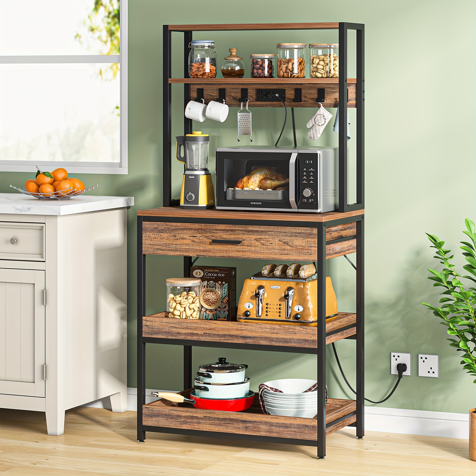 

Little Tree Kitchen Bakers Rac, 5-tier Microwave Oven Stand With Drawer And Sliding Shelves, Freestanding Coffee Bar, Kitchen Storage Shelf With 6 Hooks
