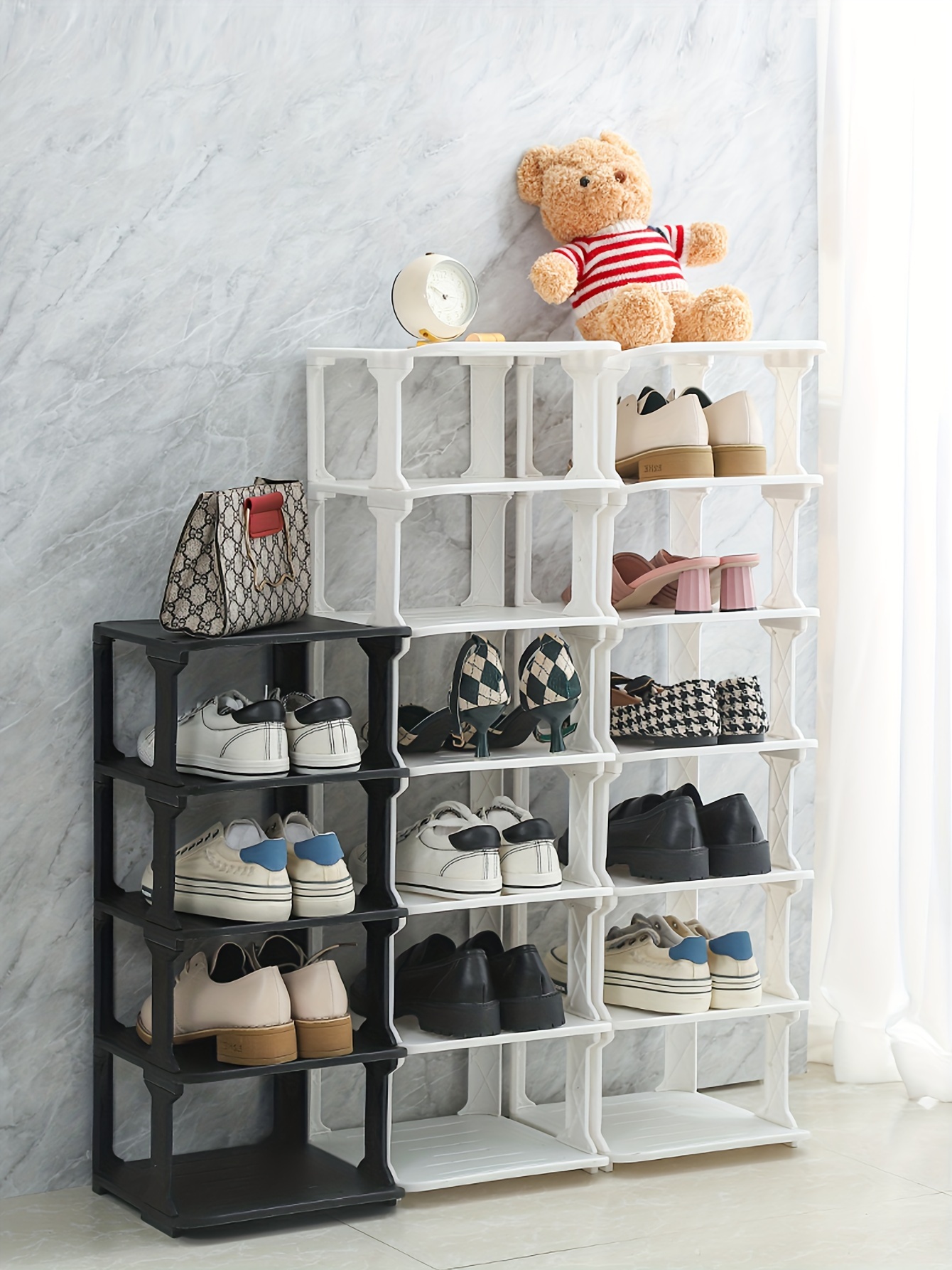 1  layer shoe rack free combination detachable plastic material   white and black   suitable for entry doorway dorm living room bedroom details 0