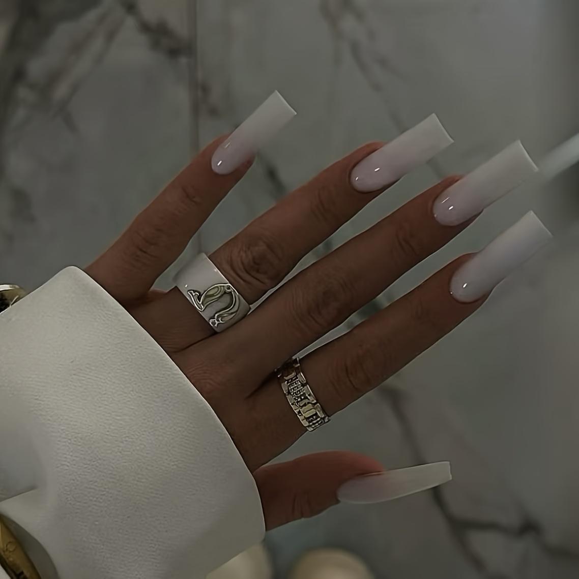 24pcs Ice-transparent Milky White Long Water Pipe Square Nail Pieces, Suitable For Women' Wear And Dating Parties