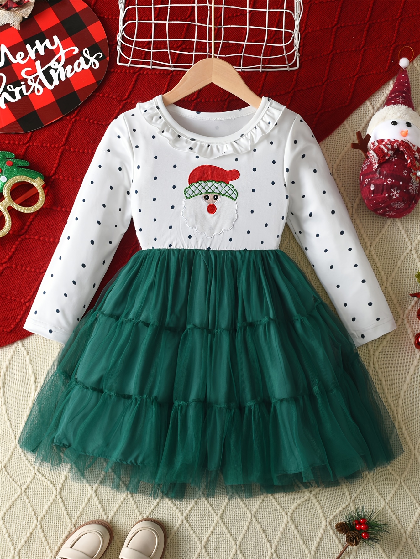 Girls' Christmas Dress with Santa Claus Embroidery, Polka Dot Cartoon  Tiered Long Sleeve Round Neck Knee-Length Tulle Skirt, Casual Dress for  Summer,