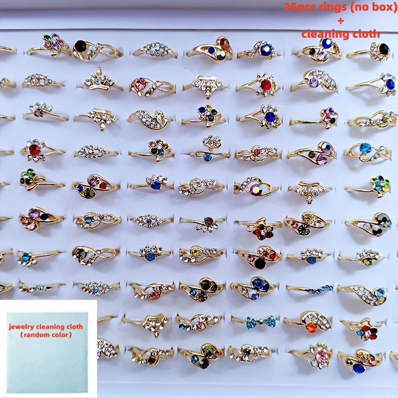 TEMU [25pcs Mixed Rings] 25pcs Colorful Mixed Rings | Bulk Finger Band Ring Jewelry Lot, Inlaid Colorful Assorted Colors Stackable Rings 16-20mm