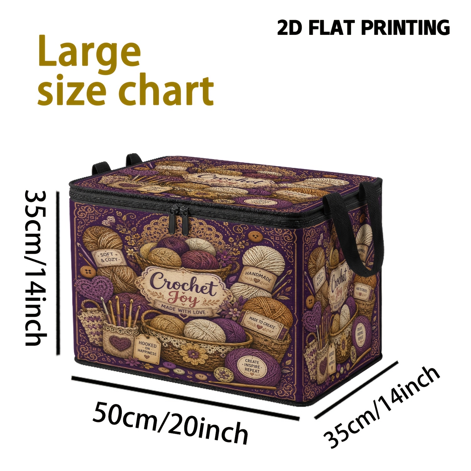 TEMU 1pc Retro Crochet Yarn Ball Storage Box With Printed Non-woven Fabric, Reinforced Handle, Large Capacity Storage Design, Suitable For Organizing