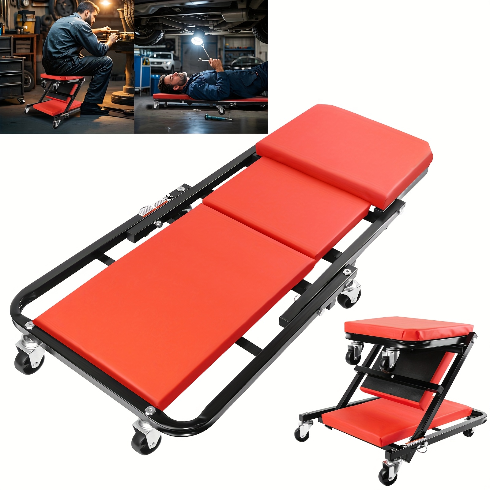2-in-1 Folding Car Crawler, Mechanics Stool, Padded Crawler Board With Extra Head Padding, 6 Smooth-running Wheels, Home Garage Workshop