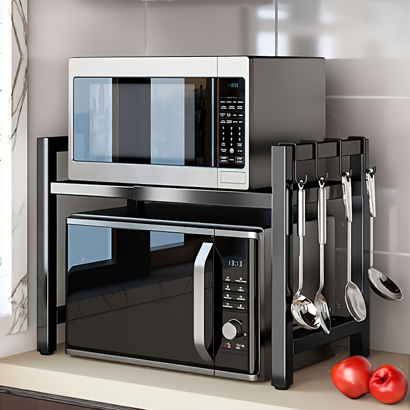 TEMU 1pc Triangle Shelf With Hooks, Expandable Metal Microwave Oven Rack - Vertical Countertop Storage Rack For Toaster Oven, Air Fryer, Rice Cooker