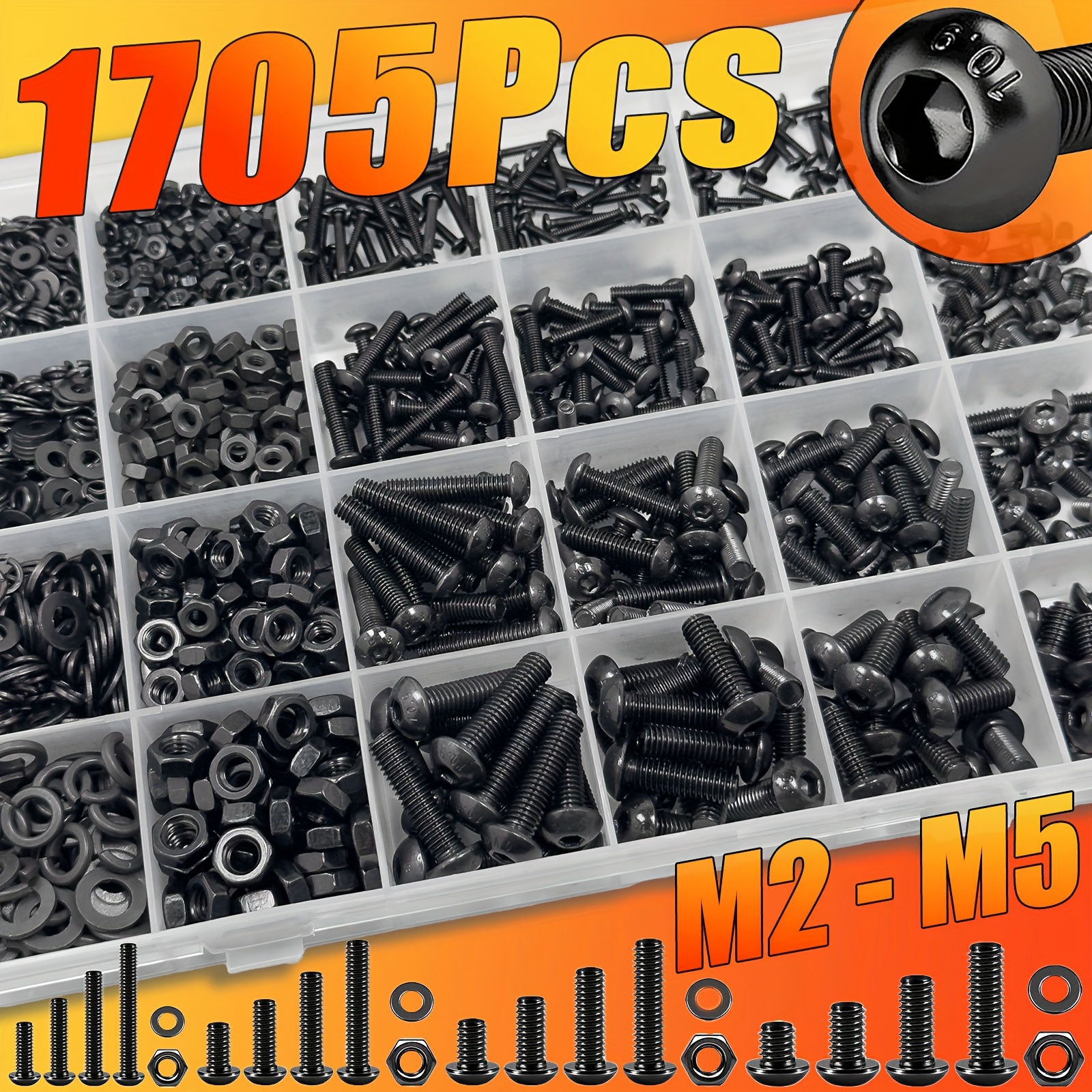 E-shop 1705-teiliges Sortiment mit Sechskantkopf-Maschinenschrauben, M2 M3 M4 M5 metrische Schrauben und Muttern mit Unterlegscheiben und Flachmuttern,