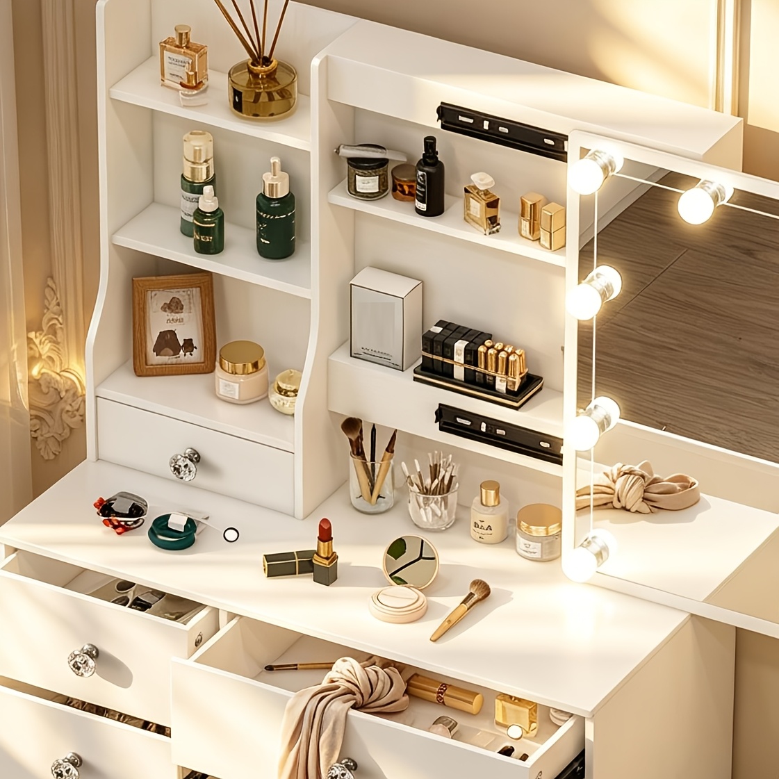 TEMU Vanity Table Large 6-drawer Dressing Table With Stool And Led Mirror Dimmable