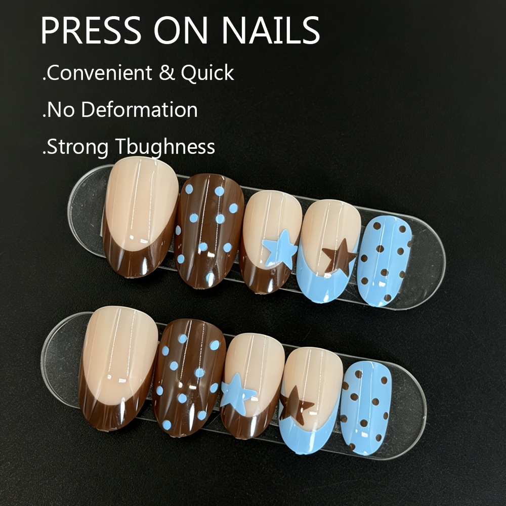 TEMU 24pcs Oval Press-on Nails - Korean Style Ins-inspired Fake Nails - Patterns Include Blue, Blue-brown Colorblock With Polka Dots And Star