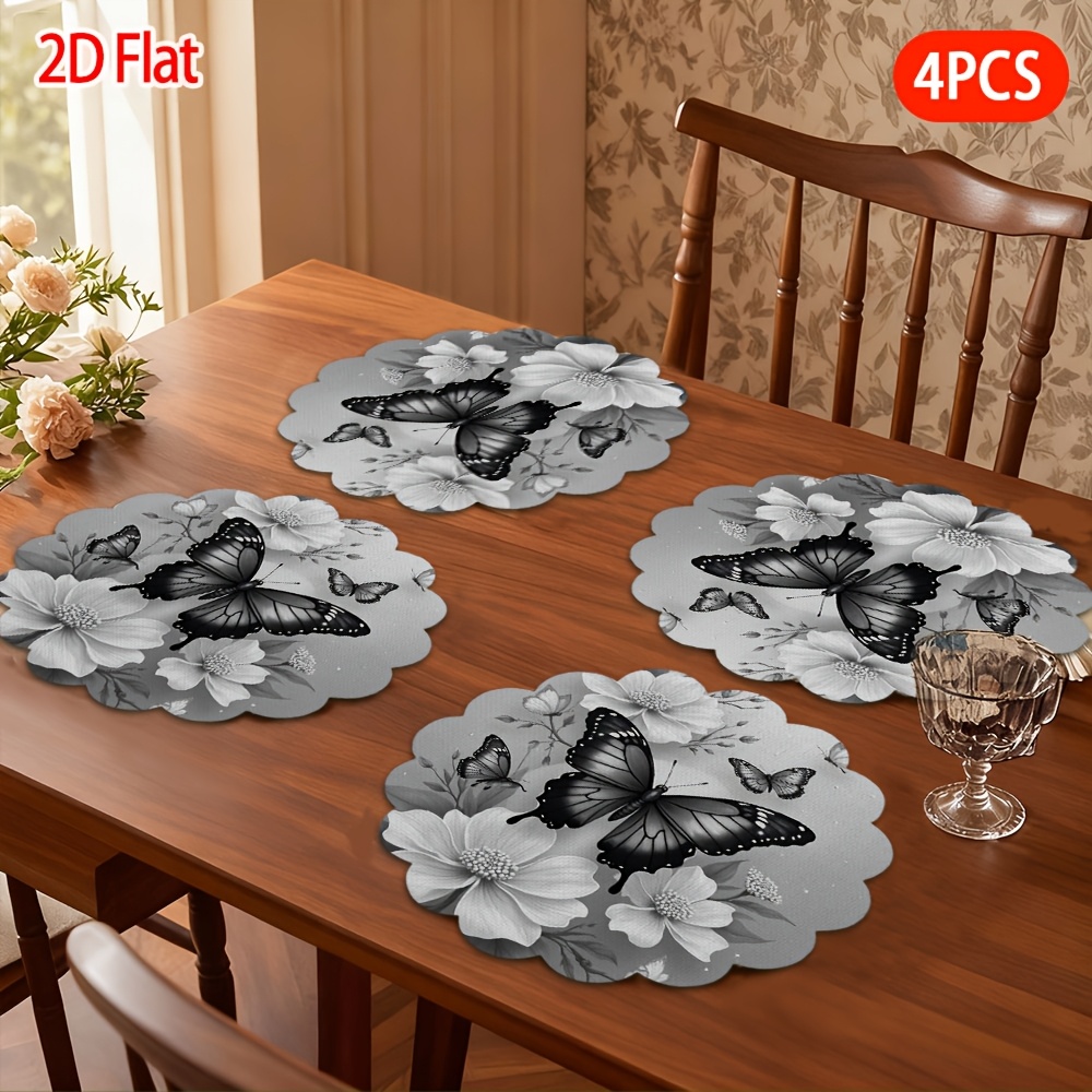 TEMU 2d Flat, 4pcs, Placemats, Black And White And Flower Illustrations, Patterned Lace Table Mats, Great For Easter Decorations, Valentine's Gifts,