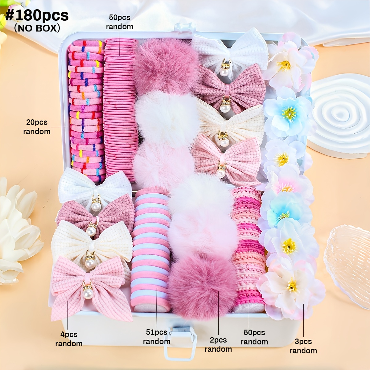 Random Colors Hair Set 180pcs (): Ties, 3d Artificial Flowers & More. Multiple Styles For & Women - Look. Ideal For Daily Wear.